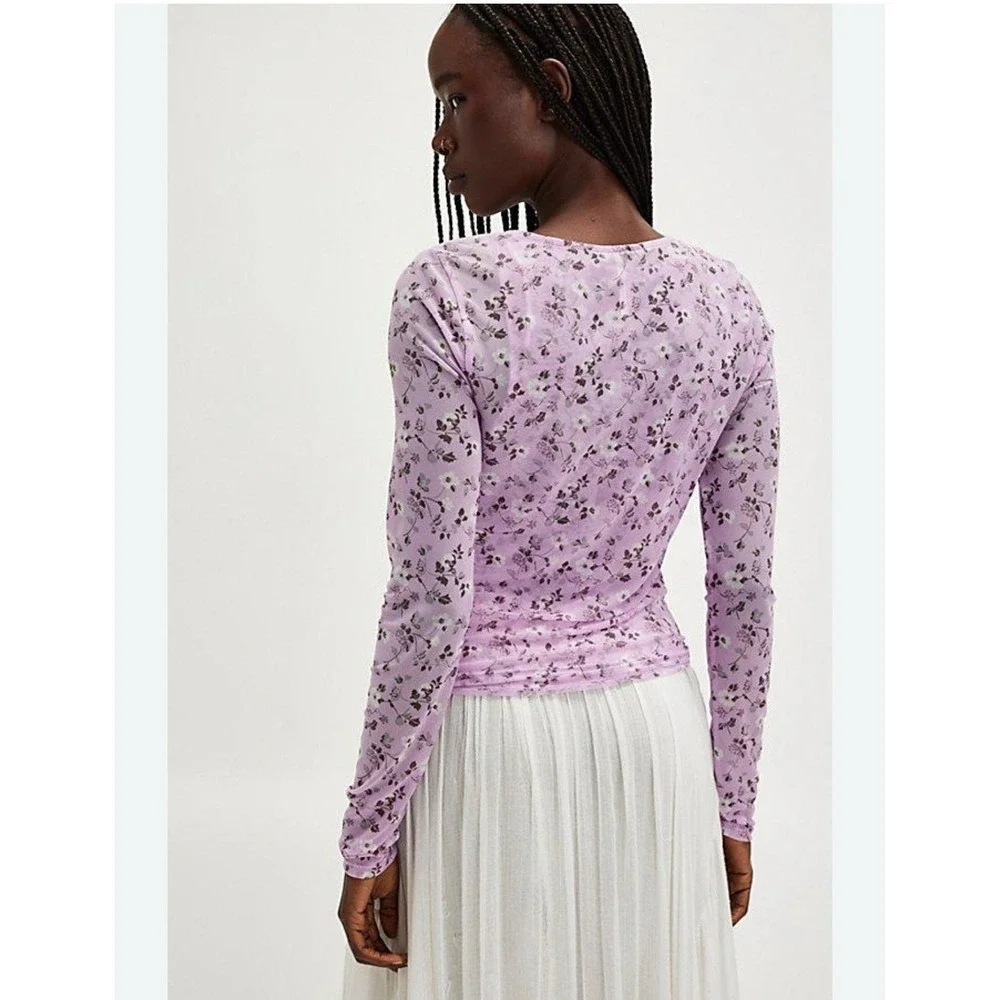 NWOT Free People Twosie For One Mesh‎ Top Set Y2K Floral Size XS Lilac Combo